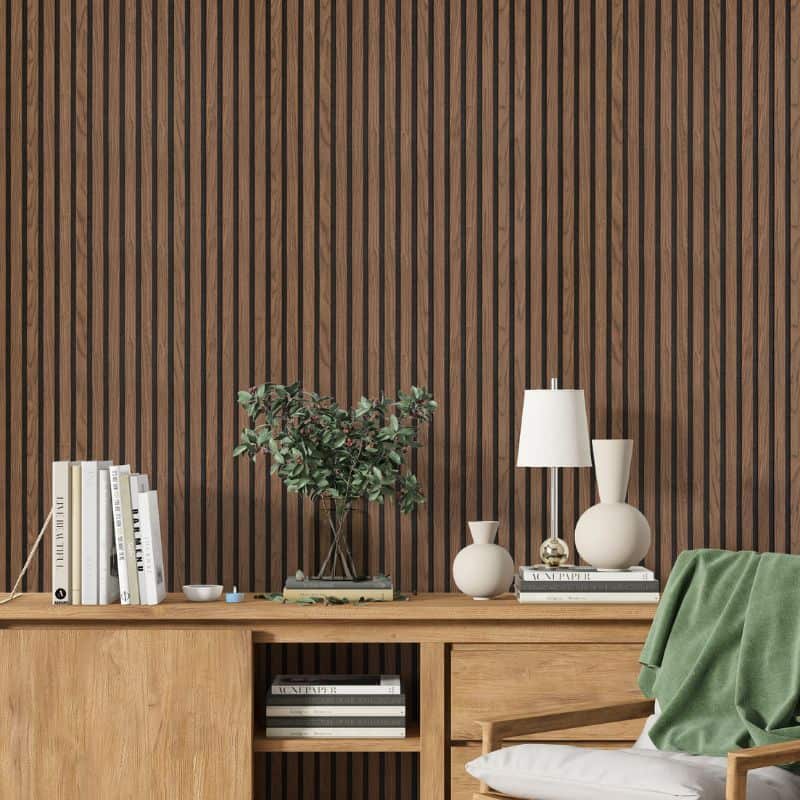 Walnut slatted acoustic wall panel for living room feature wall – UK