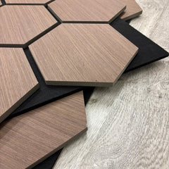 Walnut Hexagon Wood Wall Panels – Modern Decorative Wall Cladding for UK Homes & Offices