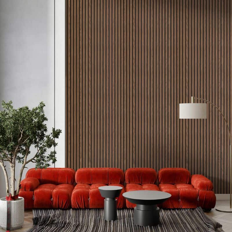 Walnut slatted wall panel installed as a feature wall in living room